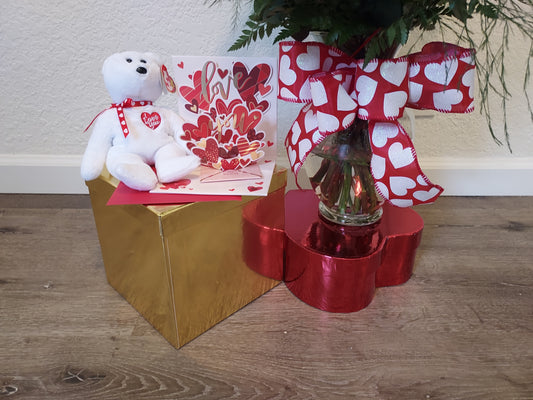 Valentine Sweetheart Roses in a Vase with Beanie Babies & Pop-up Card